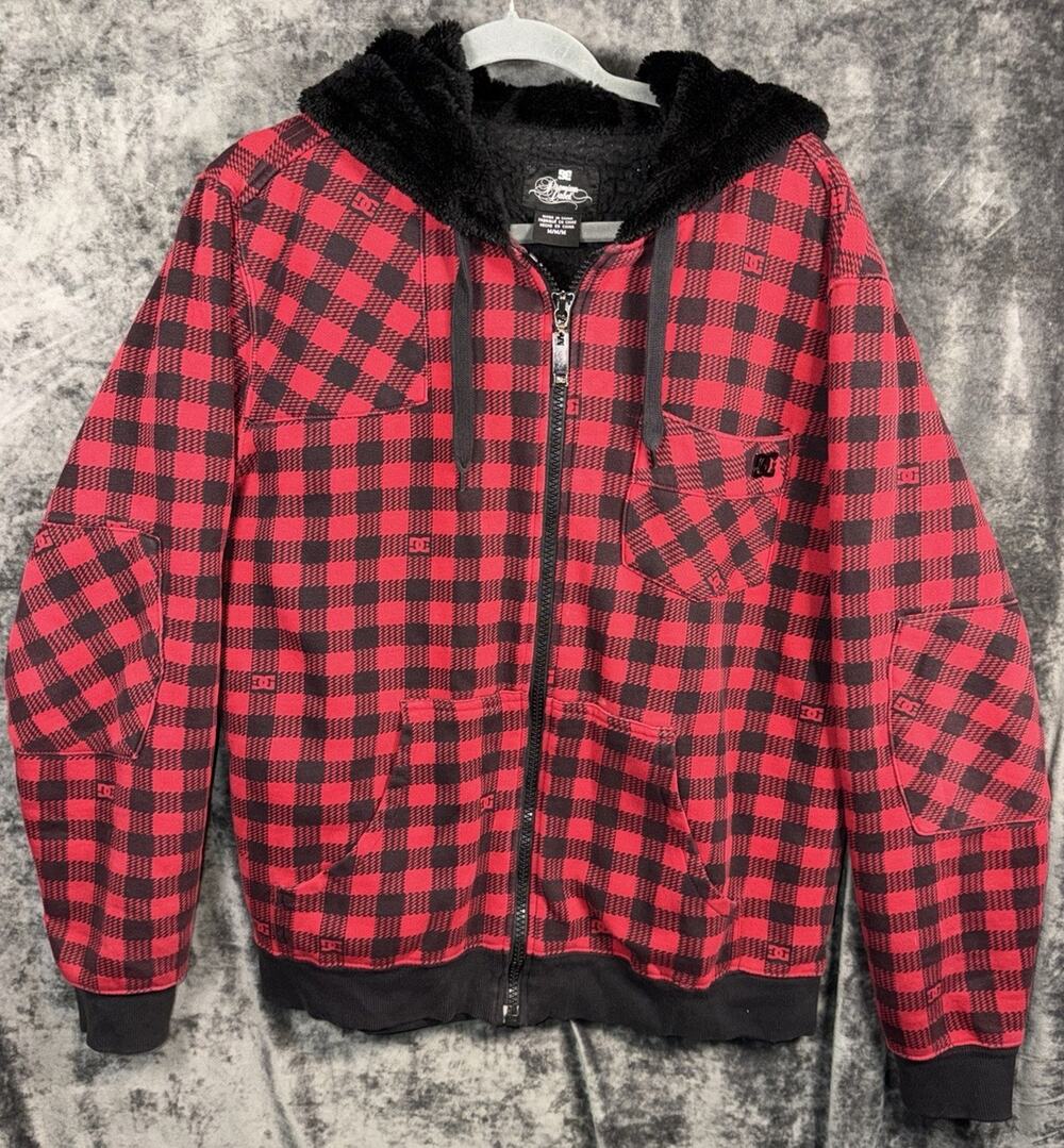 DC Premium Label Hoodie Jacket Mens M Red Black Buffalo Plaid Sherpa Lined Skate